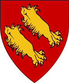 Gules, in bend sinister two lion's jambes erased bendwise inverted Or.