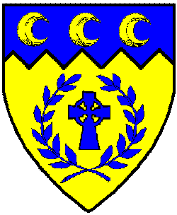 Blazon:Or, a Celtic cross within a laurel wreath and on a chief indented azure three decrescents Or