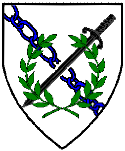 Blazon:Argent, in saltire a chain bendwise throughout azure broken by a sword inverted bendwise sinister sable, overall a laurel wreath vert