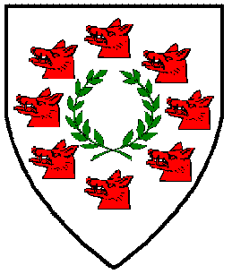 Blazon:Argent, a laurel wreath vert within eight boars' heads couped in annulo gules