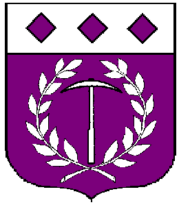 Blazon:Purpure, a pickax within in base a laurel wreath, on a chief argent three lozenges purpure