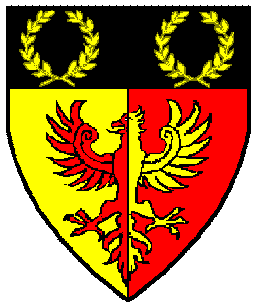 Blazon:Per pale Or and gules, an eagle displayed counterchanged and on a chief sable two laurel wreaths Or