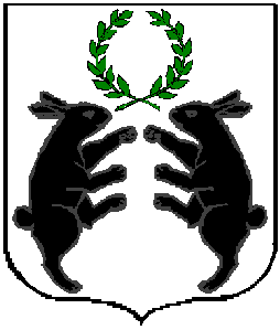 Blazon:Argent, two rabbits combattant sable and in chief a laurel wreath vert