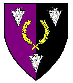 Blazon:Per pale purpure and sable, a laurel wreath Or between three elfbolts argent