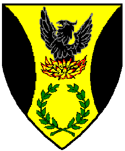 Blazon:Or, in pale a phoenix sable issuant from flames proper and a laurel wreath vert, between two flaunches sable