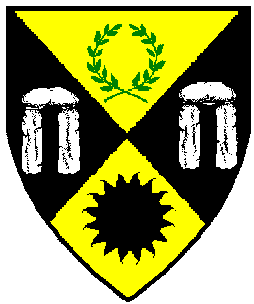 Blazon:Per saltire Or and sable, a laurel wreath vert, two dolmens argent, and a sun sable