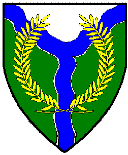 Blazon:Per chevron inverted wavy argent and vert, a pall wavy azure, fimbriated argent, surmounted by a laurel wreath Or