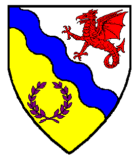 Blazon:Checky azure and argent, a wyvern erect gules within a laurel wreath in orle