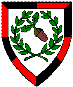 Blazon:Argent, an acorn bendwise, slipped and leaved, proper within a laurelwreath vert, all within a bordure gyronny sable and gules