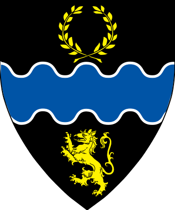 Blazon:Sable, a fess wavy azure fimbriated argent between a laurel wreath and a tyger rampant Or