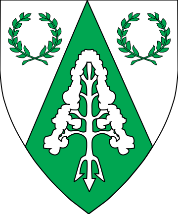 Blazon:Per chevron throughout argent and vert, two laurel wreaths and a tree issuant from a trident head inverted counterchanged