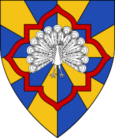 Gyronny of twelve Or and azure, a peacock in his pride argent within a four-lobed quadrate cornice gules.