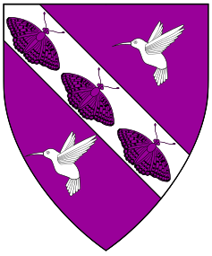 Purpure, on a bend between two hummingbirds hovering argent three butterflies bendwise sinister purpure.