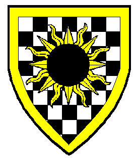Checky argent and sable, a sun Or eclipsed sable and a bordure Or