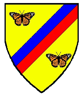Or, a bend sinister per bend sinister azure and gules between two monarch butterflies proper