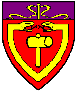 Gules, a mallet within a two-headed serpent in orle, heads at either end and respectant Or and for augmentation on a chief purpure issuant from the line of division a demi-cross of Calatrava throughout Or