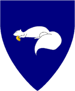 Azure, a squirrel dormant argent maintaining a date Or